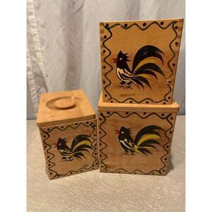 Wood Rooster Canister Set-Vintage JAPAN Hand Painted Woodpecker Woodware 5PC